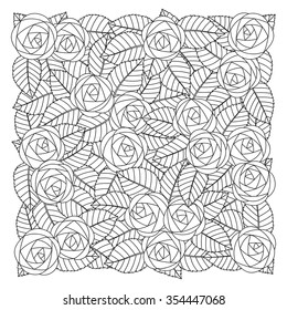 Floral pattern for coloring book. Hand drawn roses. Black and white texture with flowers. Ornate background can be used for wallpaper, web page, postcard, poster, invitation, textile design, sticker.