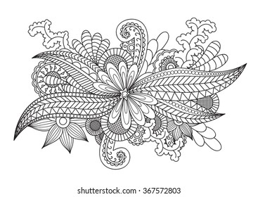 Floral pattern for coloring book. Hand drawn black and white texture with flowers. Ornate background can be used for postcard, web page, poster, textile design, cover, banner, sticker, t-shirt design.