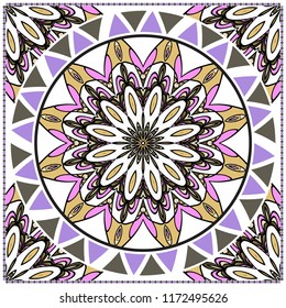 Floral pattern, colour scarf design. For design of carpet, shawl, pillow, cushion. Vector illustration.