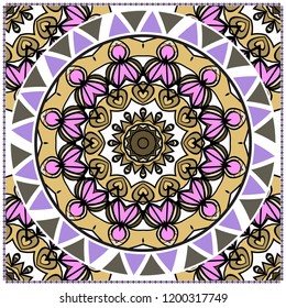 Floral pattern, colour scarf design. For design of carpet, shawl, pillow, cushion. Vector illustration.