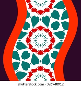 Floral pattern: colourful abstract artwork with vertical elongated motif and wavy edges on deep purple background, creating striking contrast against vibrant turquoise and white interlocking shapes arranged symmetrically. Ornamental design showcases flowery elements with bold red accents highlighting scalloped borders, adding depth and visual interest to intricate composition. Central circular shape features spiky starburst effect flanked by stylized foliage, evoking sense of movement and rhythm through flowing curves that guide viewer's gaze. Contemporary piece exudes modern aesthetic with sophisticated colouring suitable for interior designing applications, including wallpaper and textile styling. Lively artwork conveys playful yet chic mood ideal for marketing materials related to stationery, lifestyle branding, and home furnishings. Patterned swatch demonstrates arabesque styling with tracery details reminiscent of traditional embroidery and damask tapestries, perfect for digital backgrounds and decorative purposes. Whimsical mandala-inspired elements create engaging shapes that attract diverse audiences seeking vibrant colours and ornate filigree patterns for various creative projects.