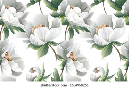 Floral Pattern with colourful  big peony flowers on white background