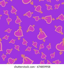 Floral pattern: colourful seamless design showcases stylized hearts and arrows with playful whimsical motif against vibrant purple background, creating dynamic visual rhythm through varying sizes and contemporary minimalist aesthetic. Pink hearts and beige arrows provide complementary contrast, infusing cheerful romantic atmosphere ideal for youthful merchandise or love-themed products. Modern arrangement exudes lively tone suitable for stationery, textiles, and digital wallpapers with energetic appeal. Ornamental composition features intricate filigree elements that sparkle with festive decorating potential for branding opportunities. Designer artwork incorporates hand-drawn embellishment and adornment qualities that shimmer with fashionable chic styling. Harmonious colour palette enables creative exploration across multiple applications while maintaining engaging visual flow throughout.