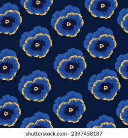 a floral pattern consisting of blue violets with yellow rims, which are called bratyki, blue background	