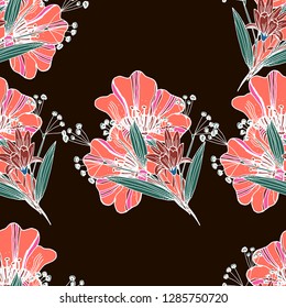 Floral pattern with coral roses and ranunculus. Vintage ornate vector design for wallpaper, wrapper, fashion textile.