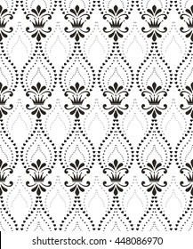 Floral pattern with crowns. Wallpaper baroque, damask. Seamless vector background. White and black ornament. Stylish graphic design.