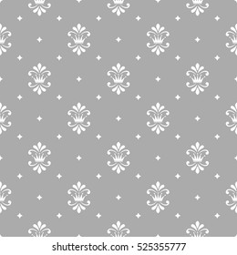 Floral pattern with crowns. Wallpaper baroque, damask. Seamless vector background. White and grey ornament. Stylish graphic design.