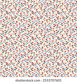 Floral pattern. Cute abstract flowers on white background. Printing with small red flowers, blue leaves. Ditsy print. Seamless vector texture. Spring bouquet. Simple pattern for fashion prints.  