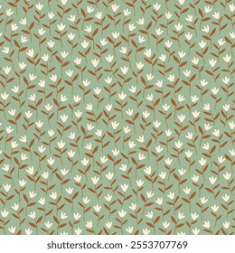 Floral pattern. Cute abstract flowers on green gray background. Printing with small white flowers. Ditsy print. Seamless vector texture. Spring bouquet. Simple pattern for fashion prints.  