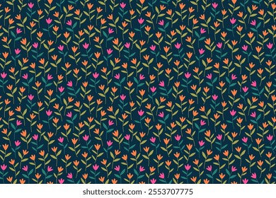 Floral pattern. Cute abstract flowers on blue background. Printing with small colorful flowers. Ditsy print. Seamless vector texture. Spring bouquet. Simple pattern for design and fashion prints.  