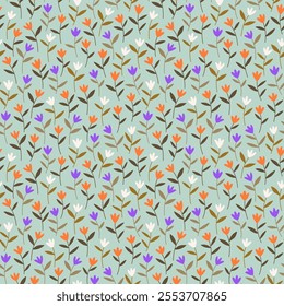 Floral pattern. Cute abstract flowers on grey blue background. Printing with small orange, white and lilac flowers. Ditsy print. Seamless vector texture. Spring flowers. Simple pattern. 