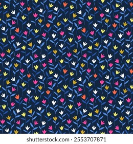 Floral pattern. Cute abstract flowers on dark blue background. Printing with small colorful flowers. Ditsy print. Seamless vector texture. Spring bouquet. Simple pattern for design prints.  