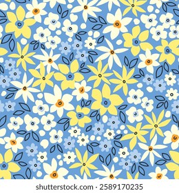 Floral pattern. Cute abstract flowers on blue background. Printing with small yellow, white and light blue flowers. Ditsy print. Seamless vector texture. Spring flowers. Simple pattern. Stock pattern