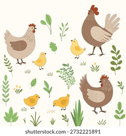 Floral pattern with cute cartoon chickens  on white background
