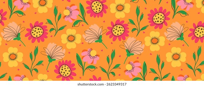 Padrão floral com plantas bonitas Doodle e folhas. Design perfeito com florais de verão e primavera isolados no fundo laranja. Design desenhado à mão delicado do jardim perfeito para impressão, moda, cartões