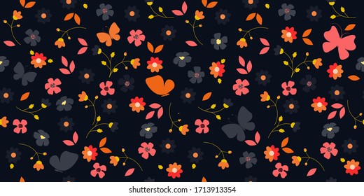 Floral pattern in the cute flowers and butterflies. Seamless vector texture for fashion prints, wrapping, textile, paper, wallpaper. Flowery background.