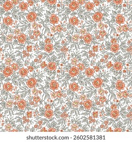 Floral pattern. Cute flowers on white background. Printing with small coral orange flowers. Ditsy print. Seamless vector texture. Spring bouquet. Stock pattern