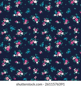 Floral pattern. Cute flowers on dark blue background. Printing with small white and pink bright flowers. Ditsy print. Seamless vector texture. Spring bouquet. Vintage template for fashion prints. 