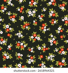 Padrão floral. Flores bonitas em fundo preto. Impressão com pequenas flores brancas e vermelhas. Impressão de Ditsy. Textura de vetor uniforme. Buquê de primavera. Padrão de estoque. Fundo bonito. Impressão de moda