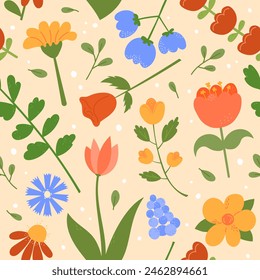 Floral pattern. Cute flowers vector seamless background. Repeating illustration of floral botanical elements and leaves. Hand drawn natural meadow objects pattern.