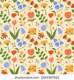 Floral pattern. Cute flowers vector seamless background. Repeating illustration of floral botanical elements and leaves. Hand drawn natural meadow objects pattern.