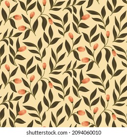 Floral pattern with cute pink berries on the twigs. Seamless pattern with berries and large leaves on a pink background. Vector design.