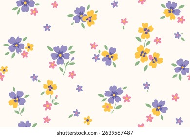 Floral pattern with cute purple, yellow, and pink flowers on cream background, ideal for fabric design, children’s textiles, wrapping paper, spring themes, and seamless decorative surfaces.
