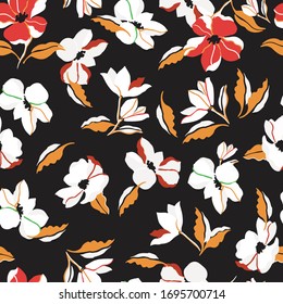 Floral pattern. Cute vintage simple flower seamless pattern on black background. 
