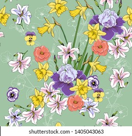 Floral pattern with daffodils and irises. Vector seamless. design for fabric.