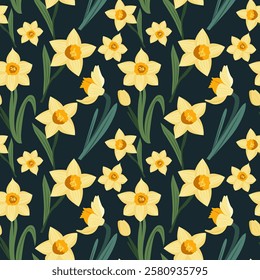 Floral pattern with daffodils on black. Trendy flowers background for fabric wallpaper, textiles, scrapbooking. Vector hand drawn illustration.