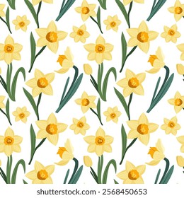 Floral pattern with daffodils. Trendy flowers background for fabric wallpaper, textiles, scrapbooking. Vector hand drawn illustration.	