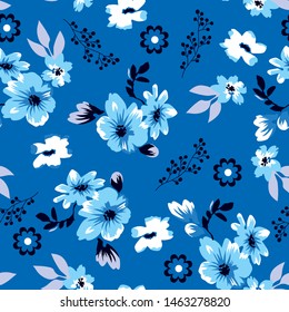 Floral pattern with daisies and buds for textile print,on blue background