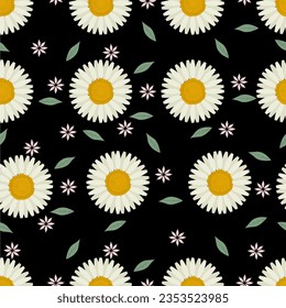 Flor de margarita de patrón floral con fondo negro ilustración de color vectorial diseño