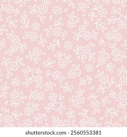 Floral pattern. Daisy flowers on light pink background. Printing with small outline white flowers. Ditsy print. Seamless vector texture. Spring bouquet. Stock vector pattern. Ditsy style. Stock vector