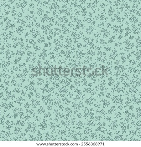 Floral pattern. Daisy flowers on light blue background. Printing with small blue hand drawn outline flowers. Ditsy print. Seamless vector texture. Spring bouquet.