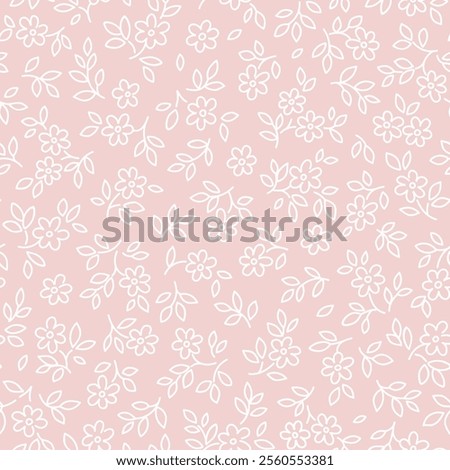 Floral pattern. Daisy flowers on light pink background. Printing with small outline white flowers. Ditsy print. Seamless vector texture. Spring bouquet. Stock vector pattern. Ditsy style. Stock vector