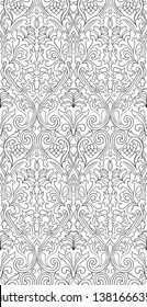 Floral pattern with damask. Seamless filigree ornament. Black and white template for wallpaper, textile, shawl, carpet. 