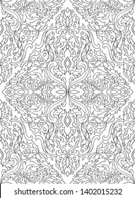 Floral pattern with damask. Seamless filigree ornament. Black and white template for wallpaper, textile, shawl, carpet. 