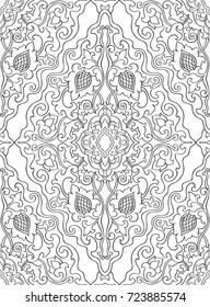 Floral pattern with damask. Seamless filigree ornament. Black and white template for wallpaper, textile, shawl, carpet. 
