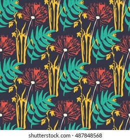 Floral pattern: dandelion, palm leaves, flowers