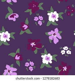 Floral pattern. Dark background, flowers white, pink, purple. Good for packaging, banner, postcards. Simple seamless pattern.