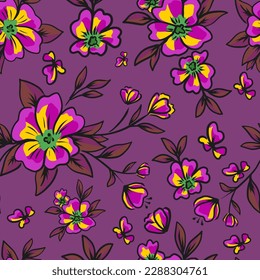 Floral pattern. Dark background, flowers white, pink, purple. Good for packaging, banner, postcards. Simple seamless pattern.