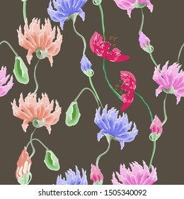 Floral pattern.On a dark background painted in watercolor.Vector illustration.