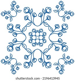 Patrón floral para decorar azulejos cerámicos en estilo Azulejo español, ilustración vectorial azul cuadrado simétrico