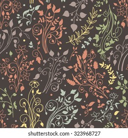 Floral pattern and decorations, leaves, flower ornaments. Vector seamless background with flowers and plants on a dark background. Hand draw texture, doodles.