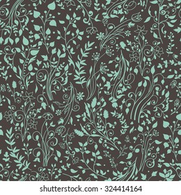 Floral pattern and decorations, leaves, flower ornaments. Vector seamless background with flowers and plants on a dark background. Hand draw texture, doodles.