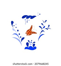 Blumenmuster, dekorative abstrakte Blumen, Wolken, Schmetterlinge in Blau- und Orangenfarben. Vektorgrafik von Hand für Stoffdesign, Geschirr, Babyhintergrund.