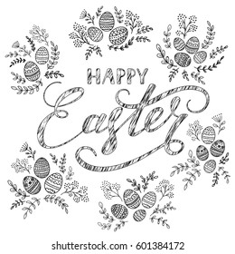 Floral pattern and decorative eggs on white background, grunge lettering Happy Easter, illustration.