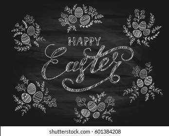 Floral pattern and decorative eggs on black chalkboard background, lettering Happy Easter writing in white chalk, illustration.