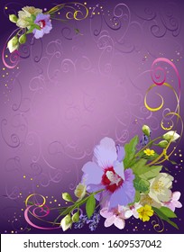 Floral pattern with decorative elements. Vector for backgrounds, cards, covers, invitations, with hibiscus flowers, orchids, jasmine, ribbons, curls on a lilac background.